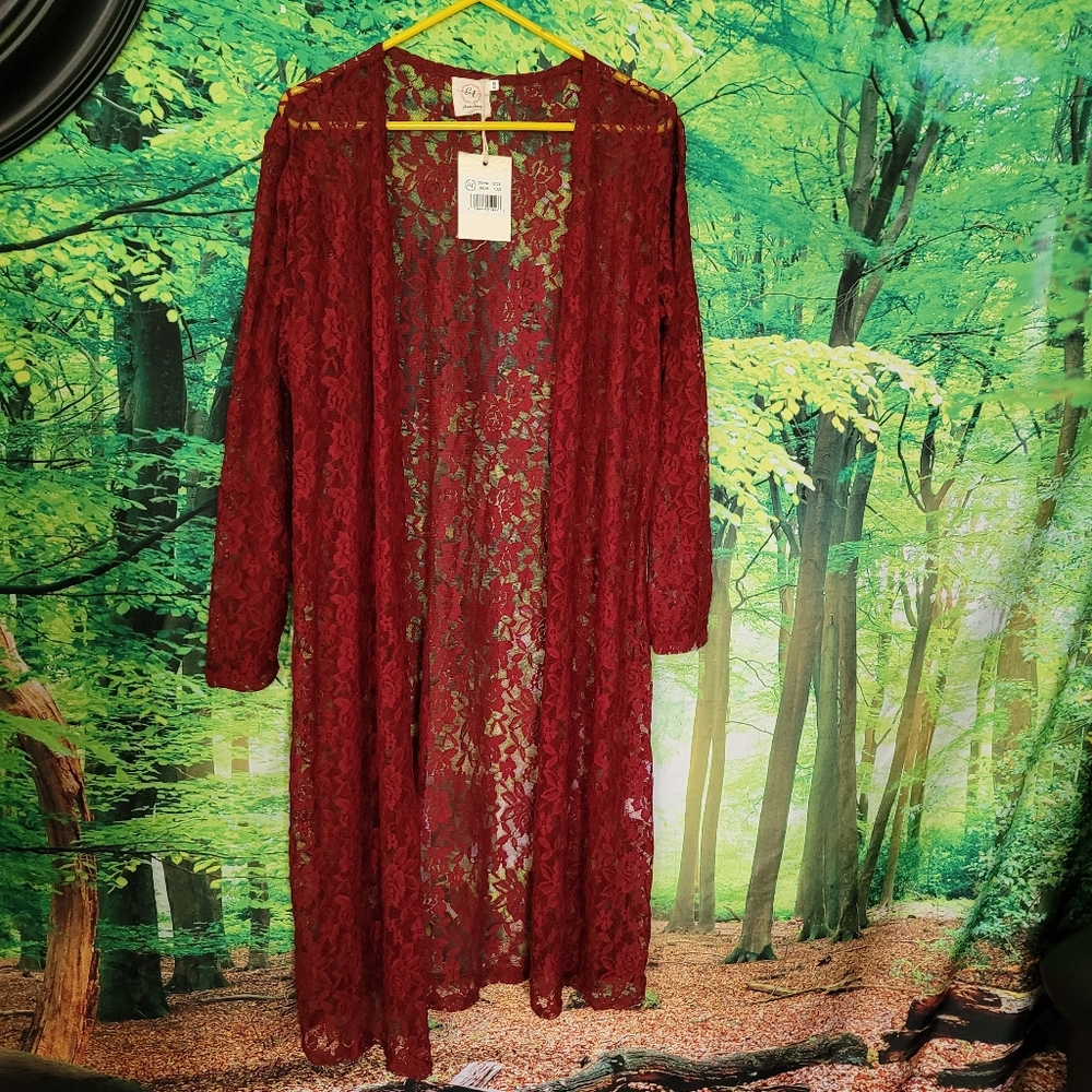 (3359-10)G&E. Grace&Emma,Lace Cardigan Cover Up,size PLUS, red, burgandy color,